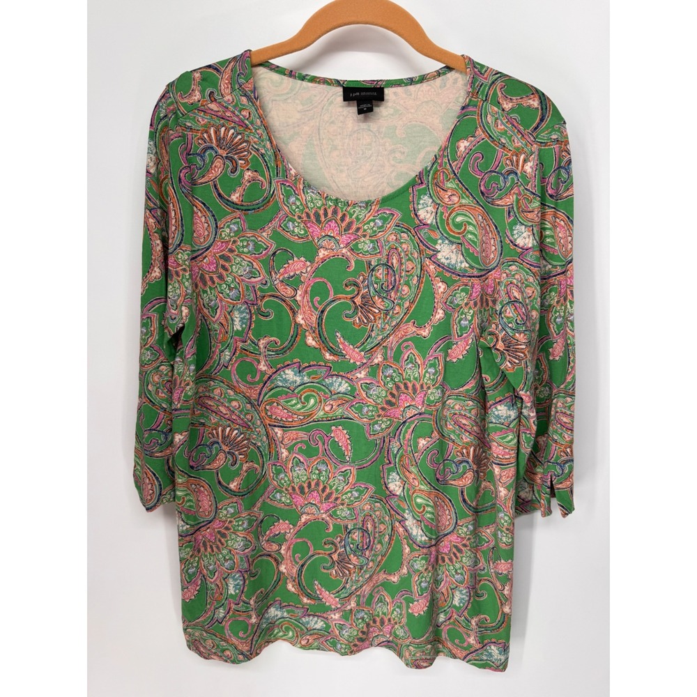 J. Jill Wearever Top Women M Green EUC Paisley Scoop Neck 3/4 Sleeve Knit